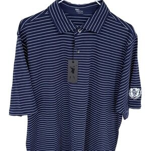 NEW F&G Tech Striped Golf Polo Shirt Large Mens‎ Navy Blue White Stripes Golfing